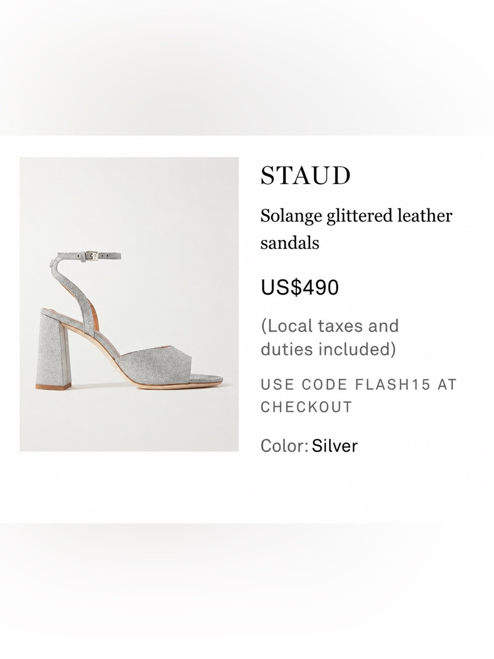 STAUD Solange Glittered Silver Block-Heel Sandals
